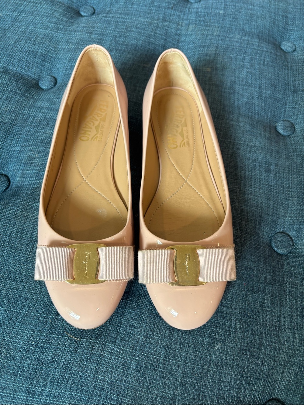 Salvatore Ferragamo Nude Patent Leather Vara Bow Flats
